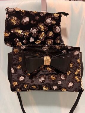 Betsey Johnson Sequined Black silver gold leopard Bow Shoulder Bag & pouch